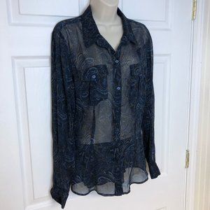 Eddie Bauer Sheer Navy Paisley Button Up Blouse  XL